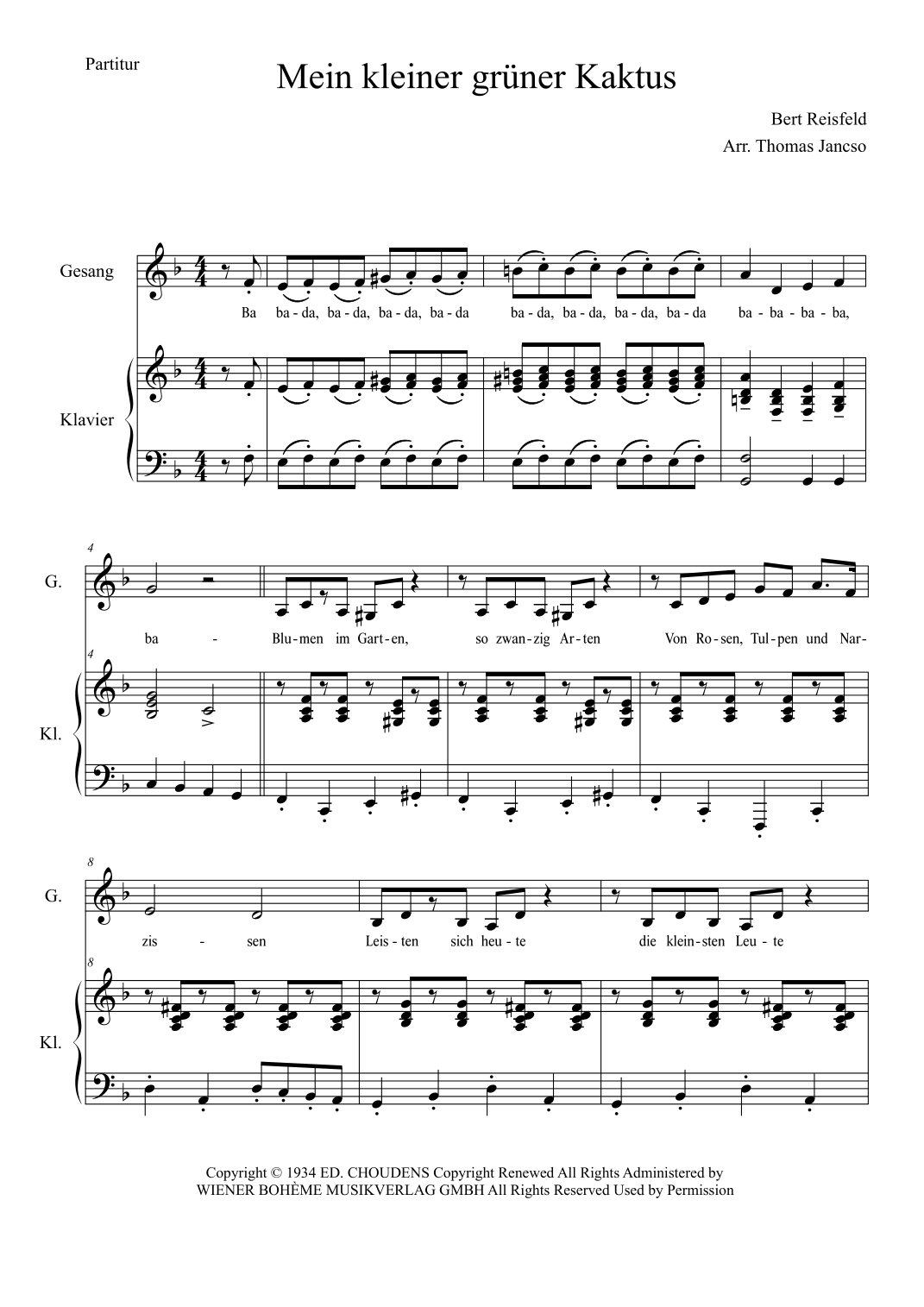 Mein Kleiner Grner Kaktus (arr. Thomas Jancso by Bernard Poterat Piano &  Vocal Digital Sheet Music