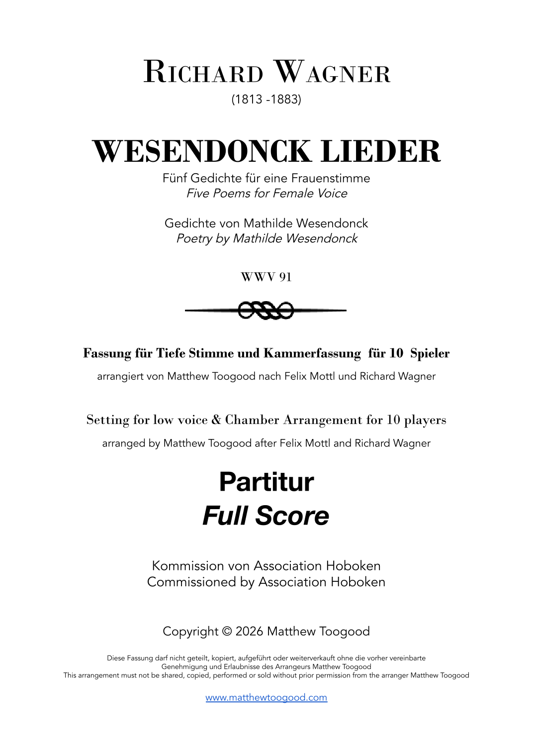 Wagner WESENDONCK LIEDER - LOW VOICE - Chamber Orchestra FULL SCORE - Score Only (arr. Matthew Toogood) by Richard Wagner Chamber Orchestra