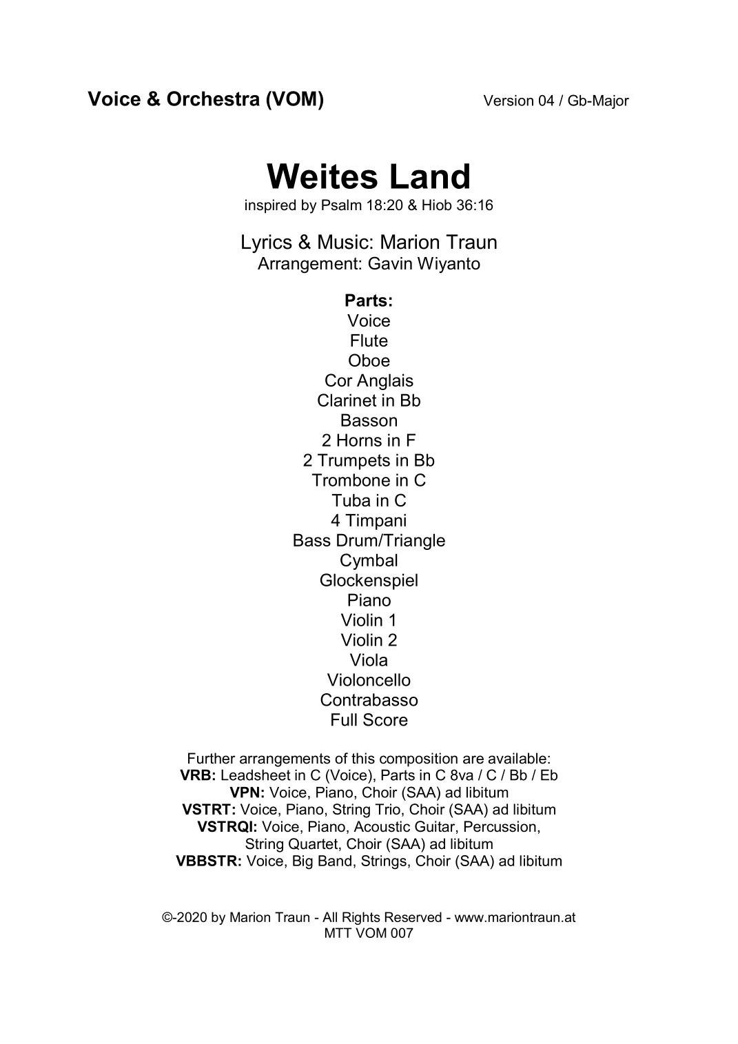 Weites Land - for Singer and Orchestra (VOM), inspired by Psalm 18:20 & Hiob 36:16 by Marion Traun Full Orchestra