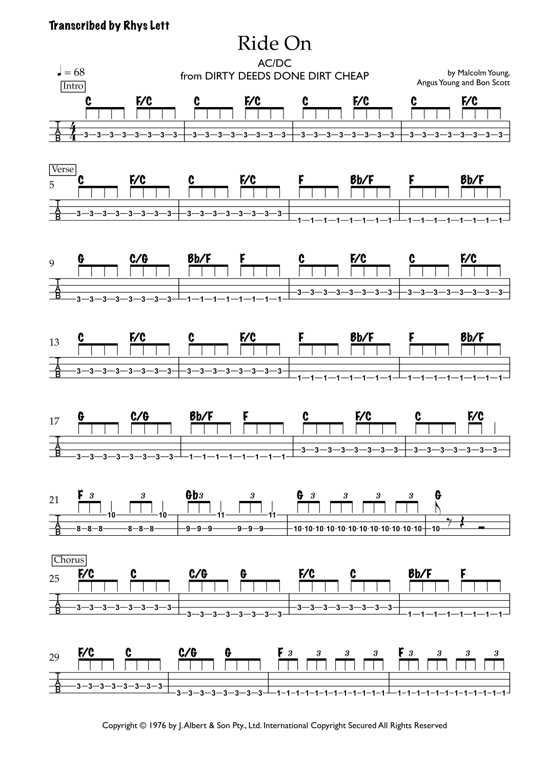 Ride On (arr. Rhys Lett) by AC/DC Sheet Music for Bass Guitar Tab at ...