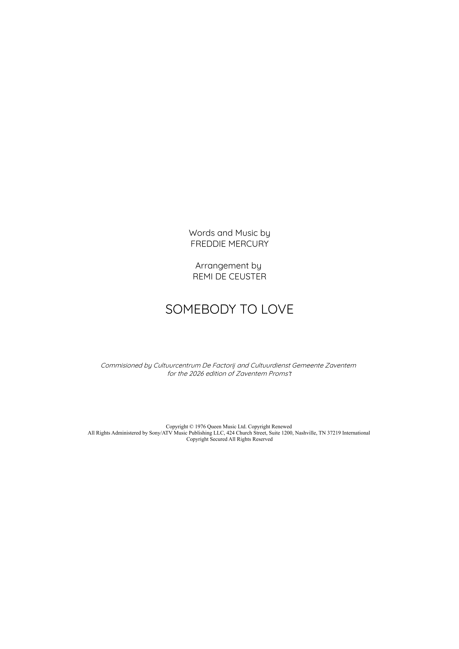 Somebody To Love (arr. Remi De Ceuster) by Queen Full Orchestra