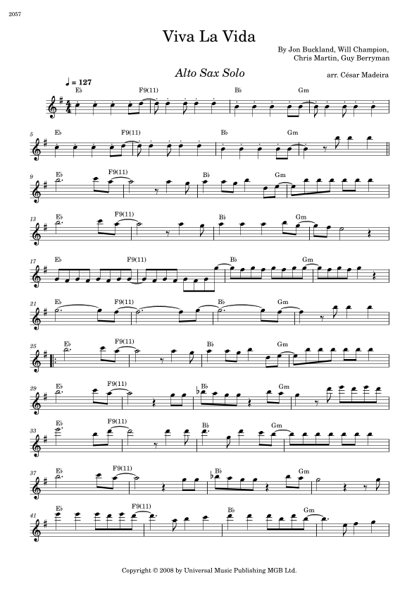 Viva La Vida Sheet Music Coldplay Alto Sax Solo