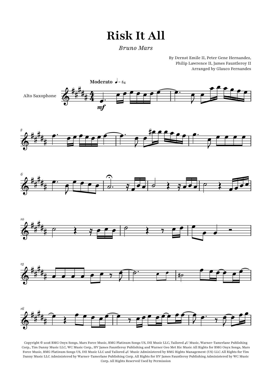 Risk It All by Bruno Mars Sheet Music for Alto Sax Solo (arr. Glauco ...