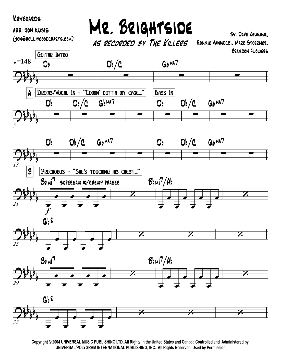 Mr Brightside arr Jon Kubis By The Killers Sheet Music For Piano 
