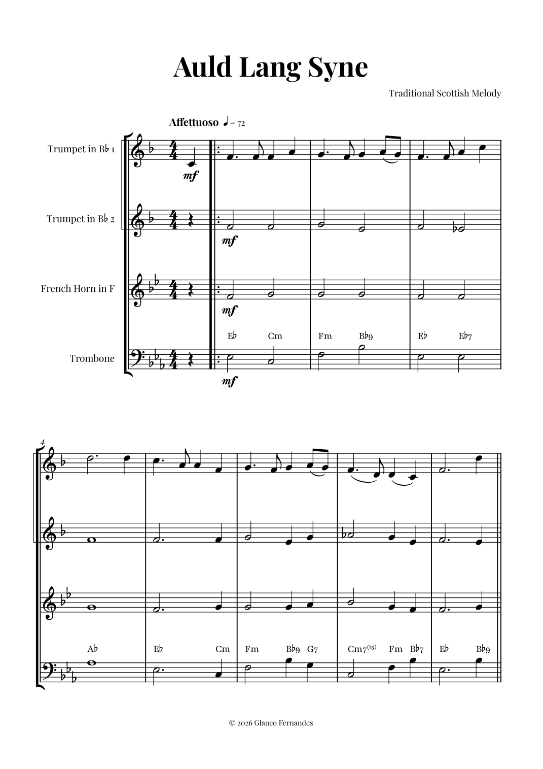 Auld Lang Syne by Traditional Sheet Music for Brass Ensemble at Sheet ...