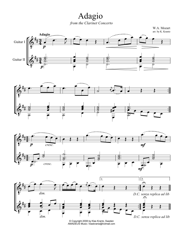 Adagio from the concerto for easy guitar duo Sheet Music W.A
