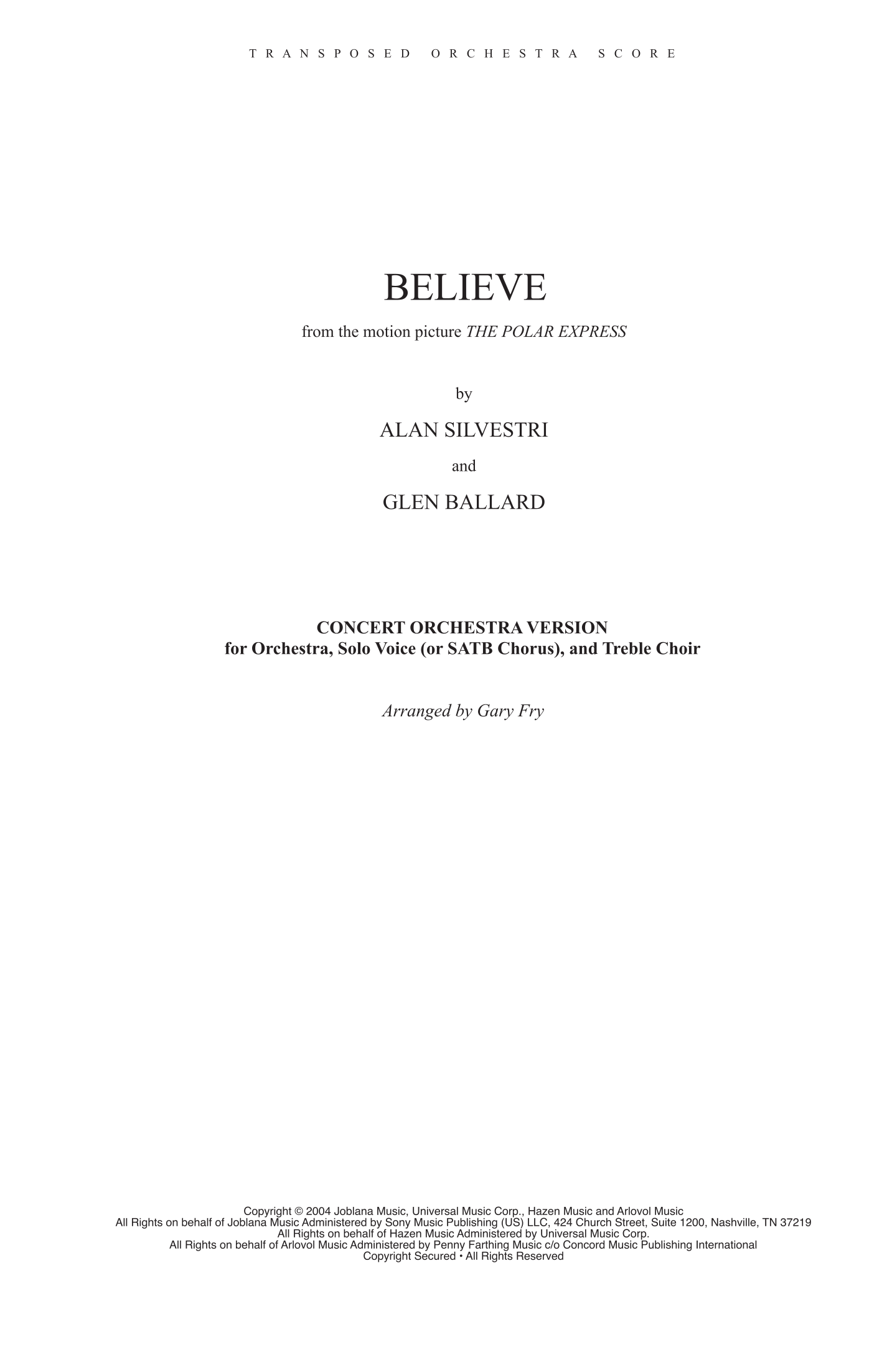 Believe (arr. Gary Fry) by Josh Groban Full Orchestra