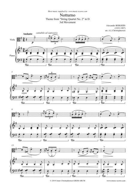 Interactive Digital Sheet Music preview of 'Notturno from Quartet No. 2: Viola and Piano. (arr. Anne L Christopherson GRSM ARCM)' by Borodin, Alexander, Viola and Piano page 1