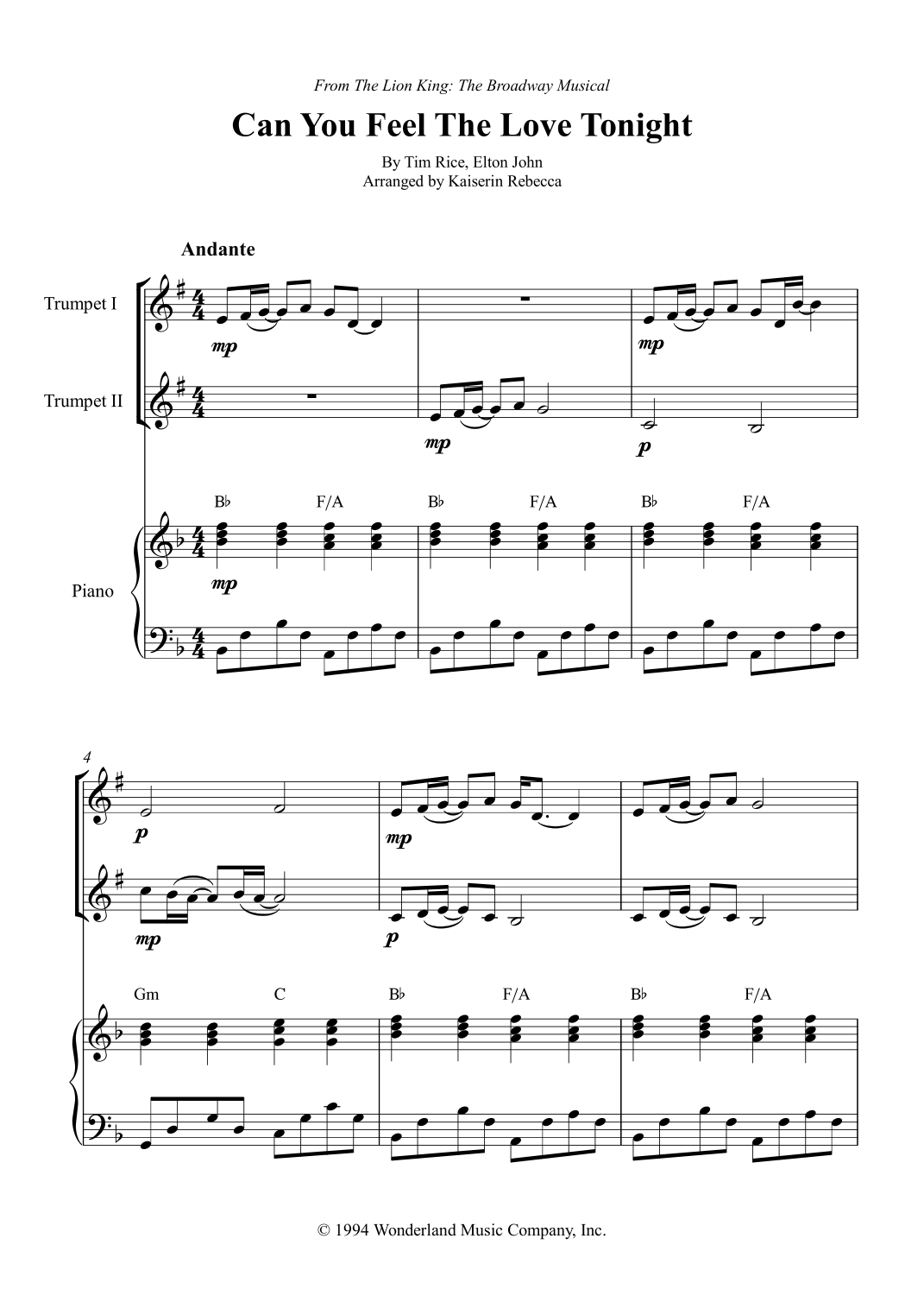 Can You Feel The Love Tonight (arr. Kaiserin Rebecca) von Elton John ...