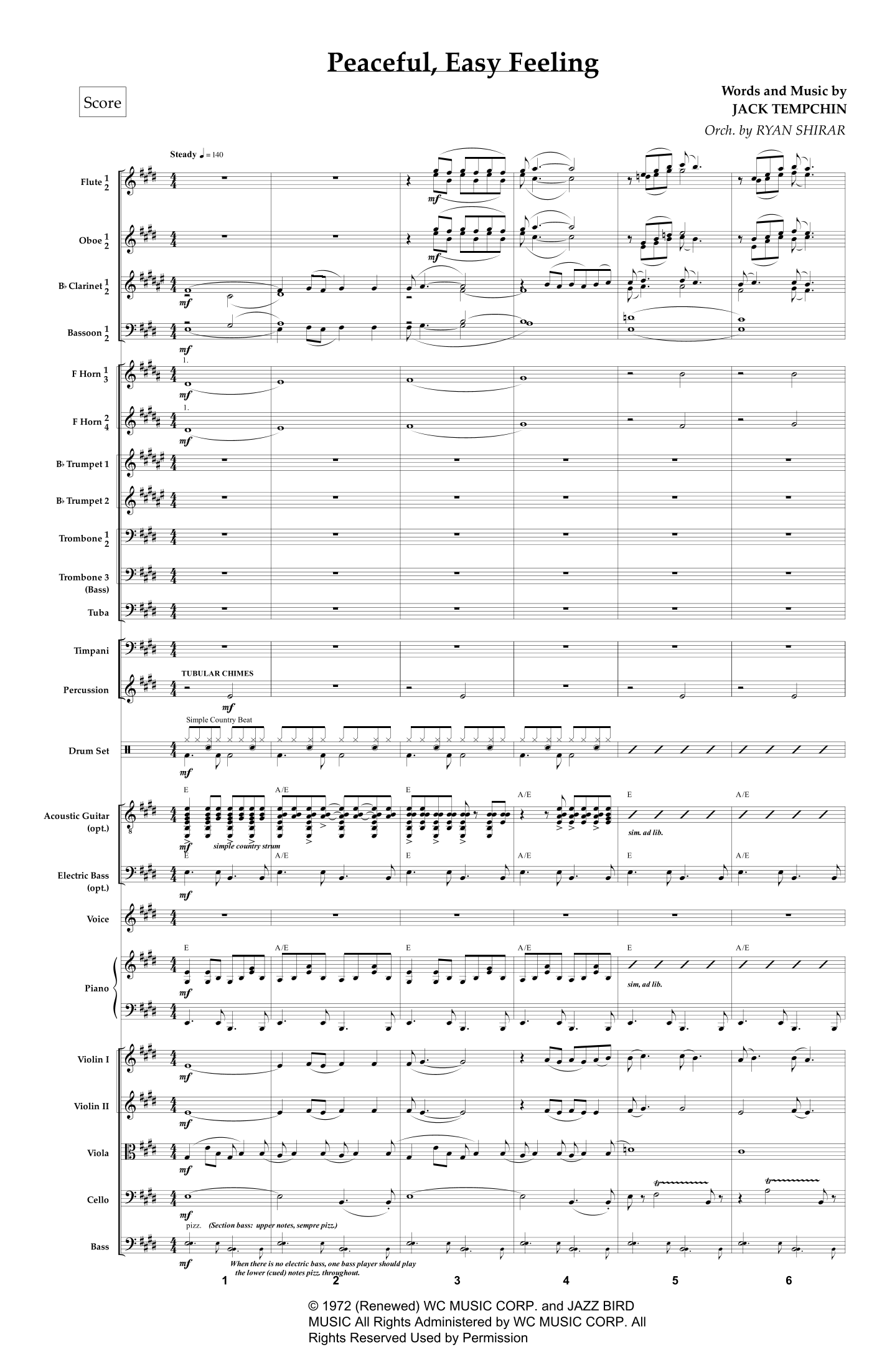 【老鹰乐队《平静轻松的感觉》（莱恩·希拉尔改编）管弦乐谱】Peaceful Easy Feeling (arr. Ryan Shirar) by Eagles Full Orchestra PDF乐谱下载