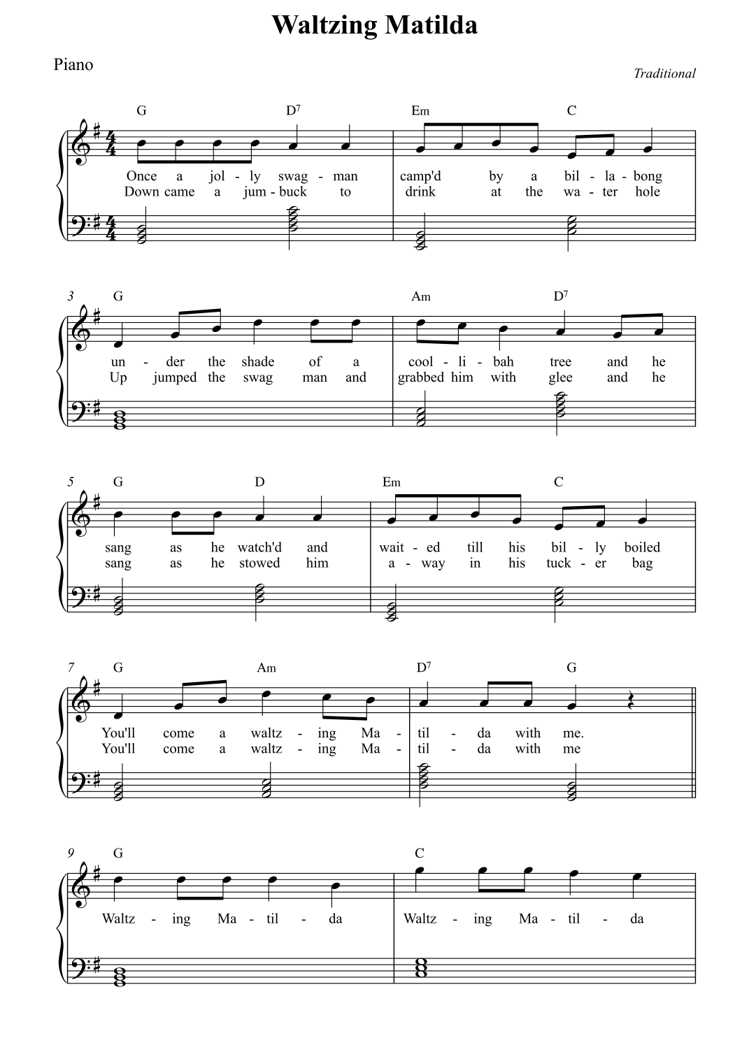 Waltzing Matilda arr Wesley S SIlva By Traditional Sheet Music For waltzing-matilda-arr-wesley-s-silva-by-traditional-sheet-music-for