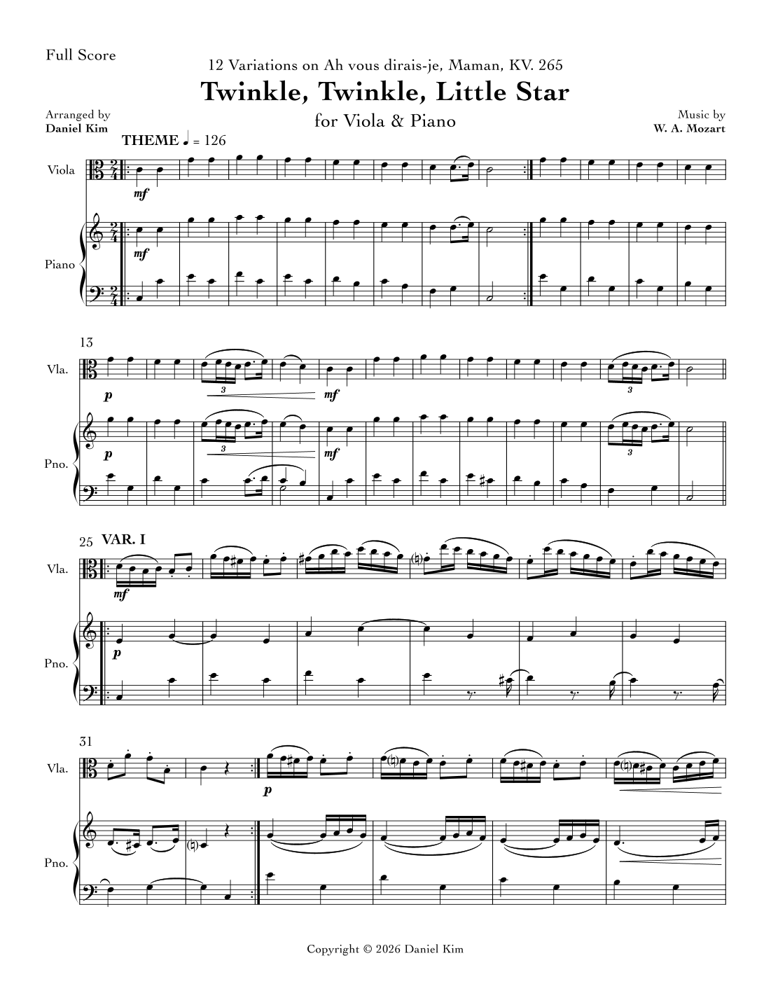 Mozart's Twinkle, Twinkle, Little Star (Viola & Piano) (arr. Daniel Kim ...