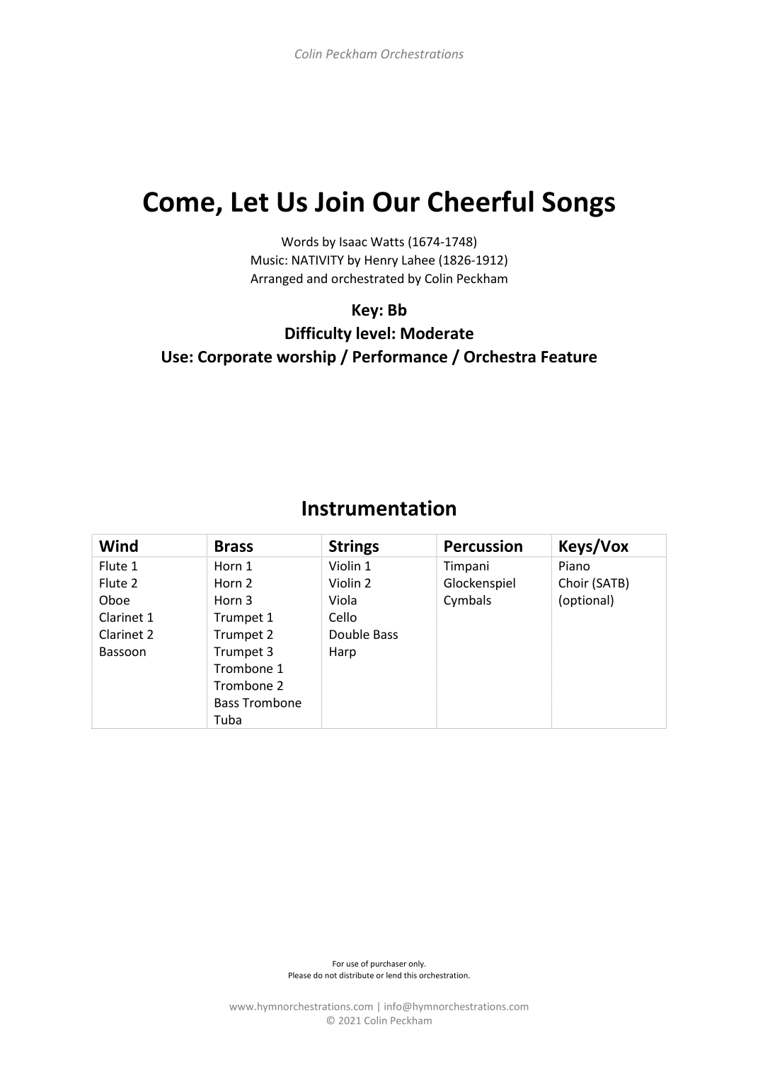 Come Let Us Join Our Cheerful Songs (NATIVITY) (arr. Colin Peckham) by Isaac Watts (1674-1748) 管弦乐团 - 预览