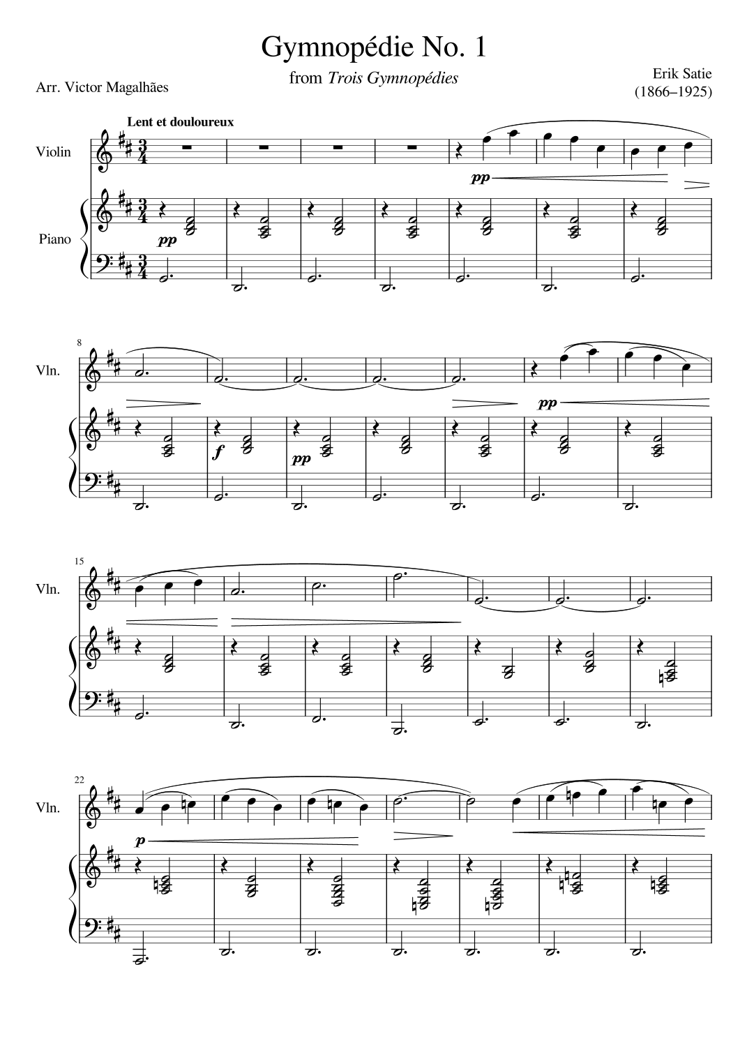 Gymnop Die No 1 Erik Satie For Violin And Piano Arr Victor UG 