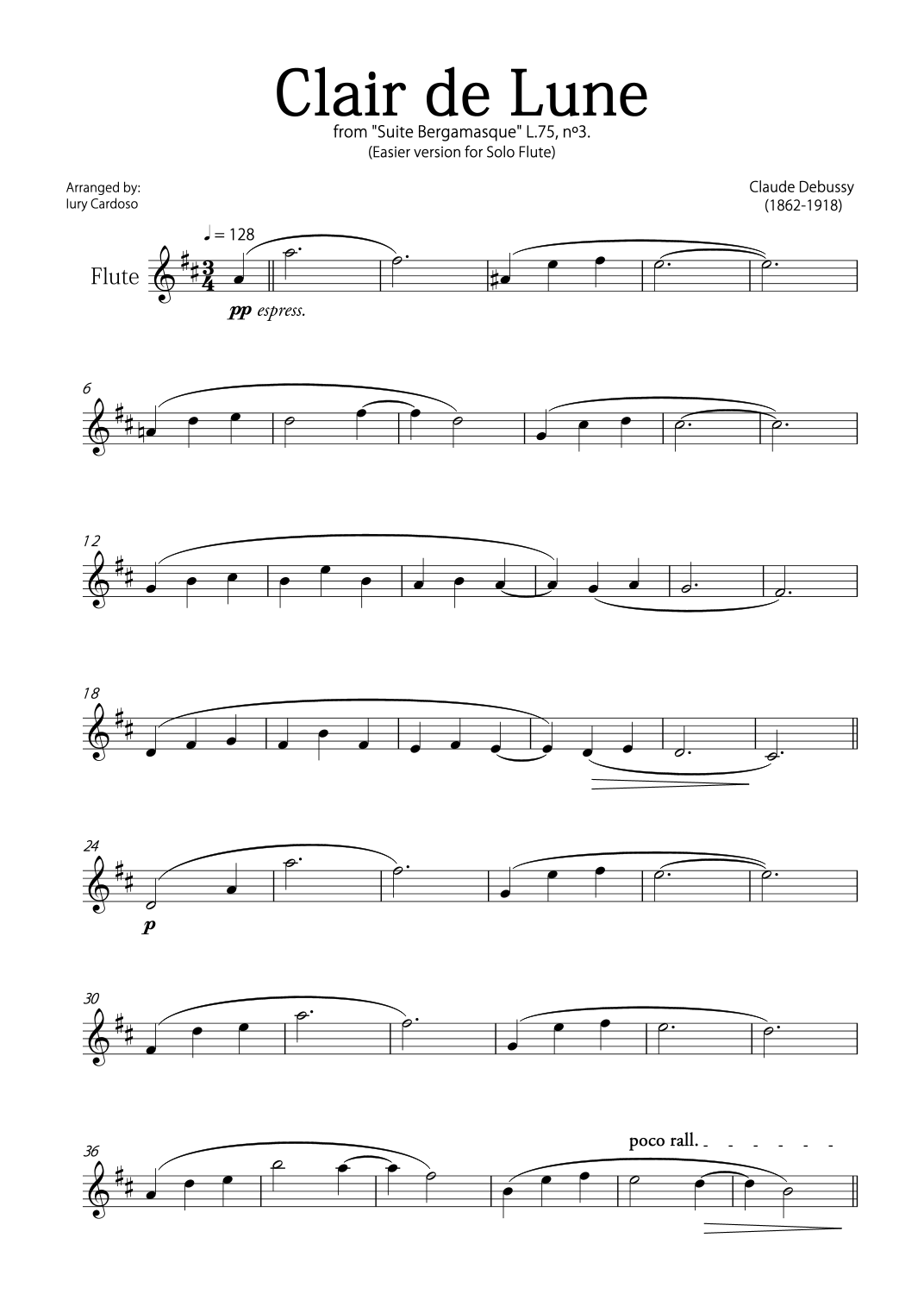 "Clair de Lune" (Debussy) - Beautiful EASY version for solo FLUTE. (arr ...