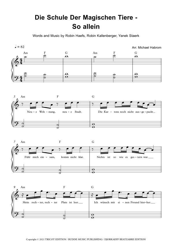 So Allein Sheet Music | Die Schule Der Magischen Tiere | Easy Piano