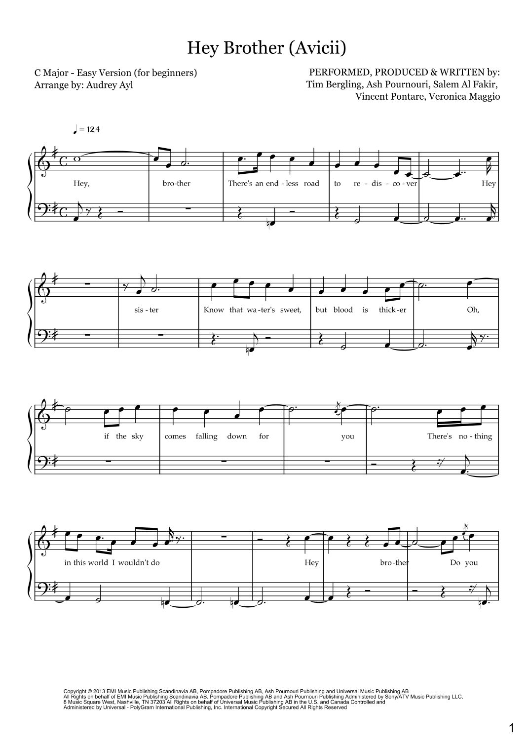 Hey Brother Notes Hey Brother by Avicii Sheet Music for Easy Piano (arr. Annabelle Ayl ...
