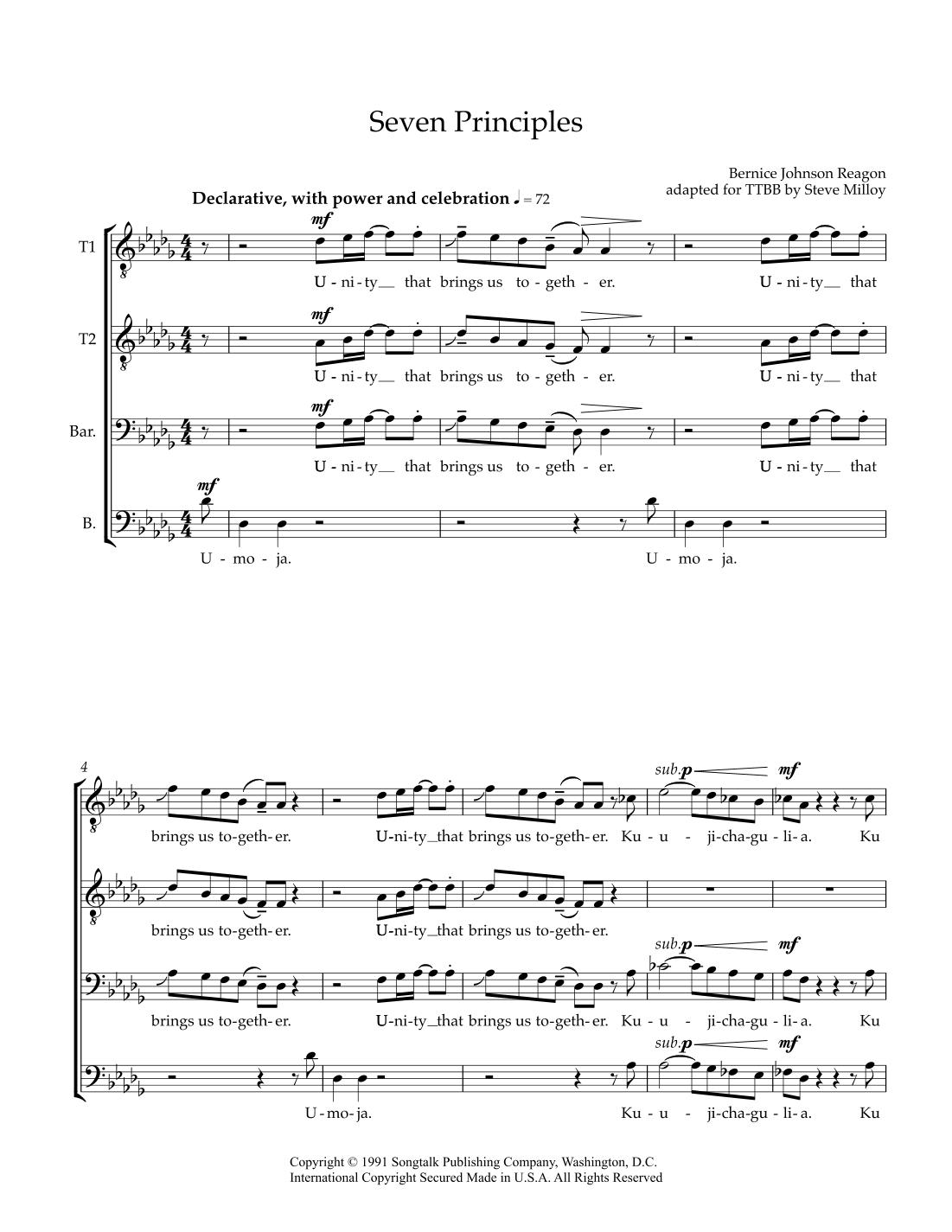 Interactive Digital Sheet Music preview of 'Seven Principles (arr. Steve Milloy)' by Bernice Johnson Reagon, Choir page 1