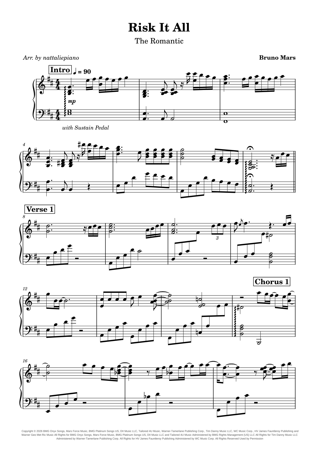 Risk It All (arr. nattaliepiano) von Bruno Mars Noten zum Klavier solo ...