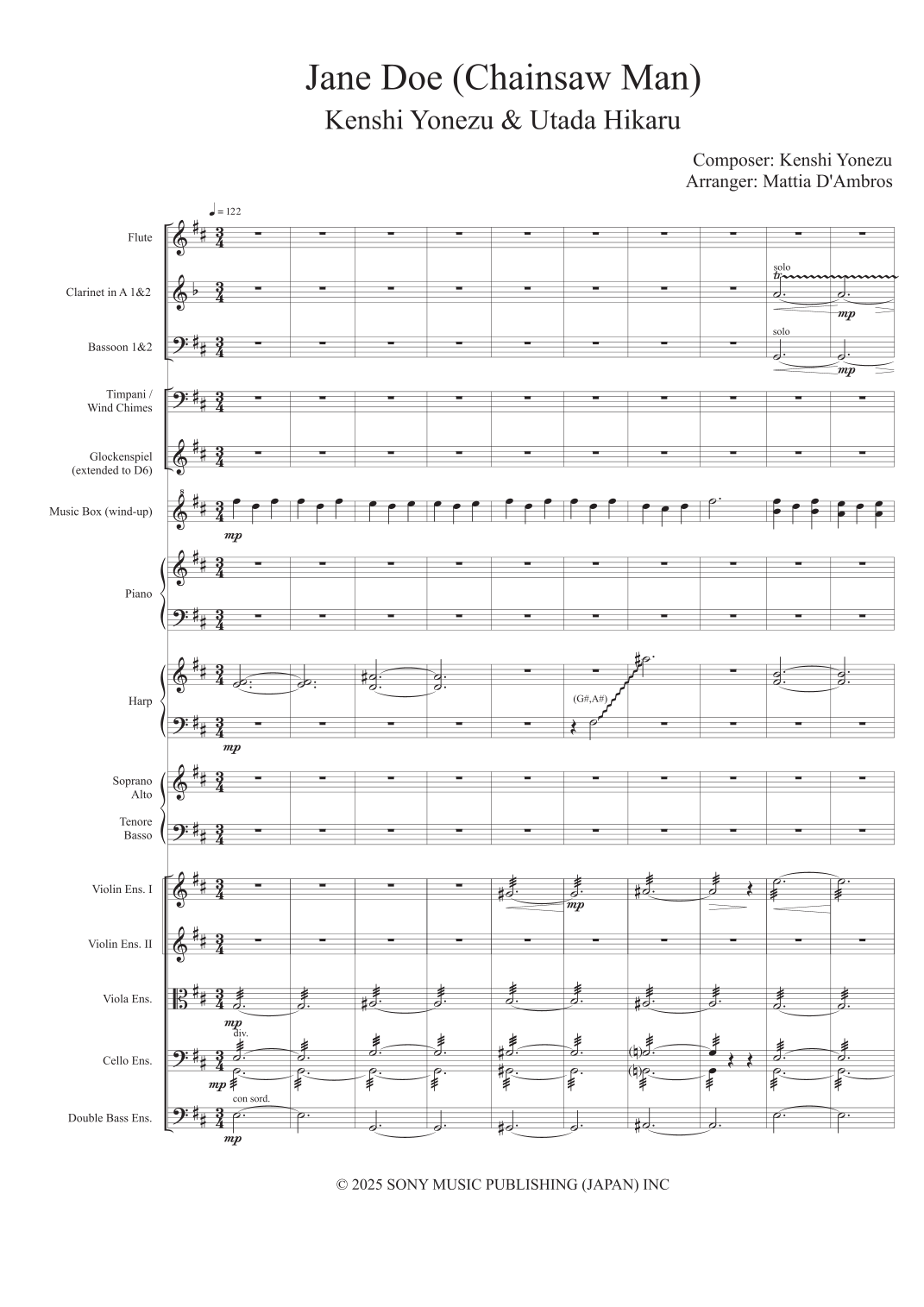 Jane Doe - 仅总谱 (arr. D'Ambros Mattia) 米津玄师 (Kenshi Yonezu) 管弦乐团 - 预览