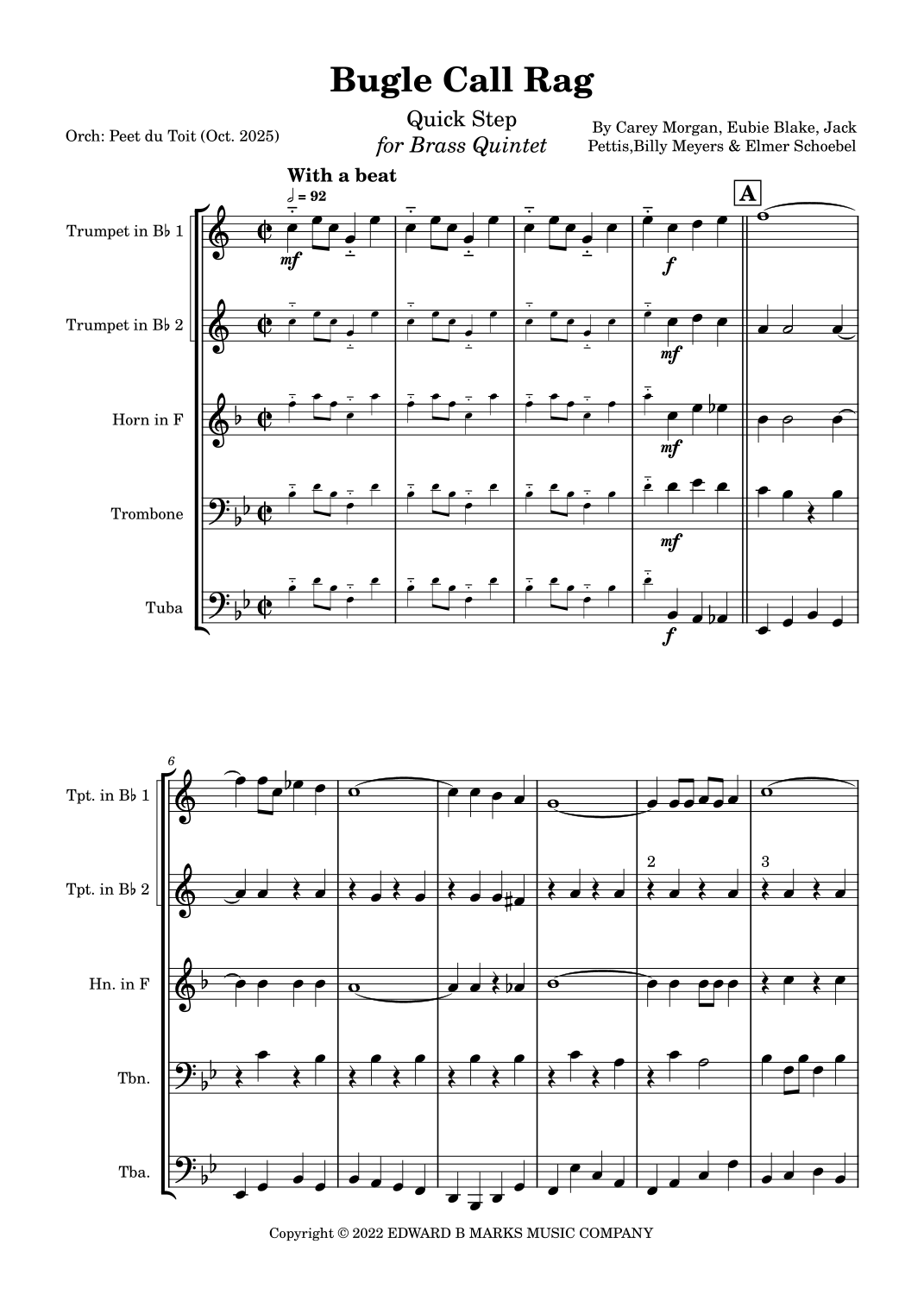 Bugle Call Rag (arr. Peet du Toit) by Eubie Blake Sheet Music for Brass ...