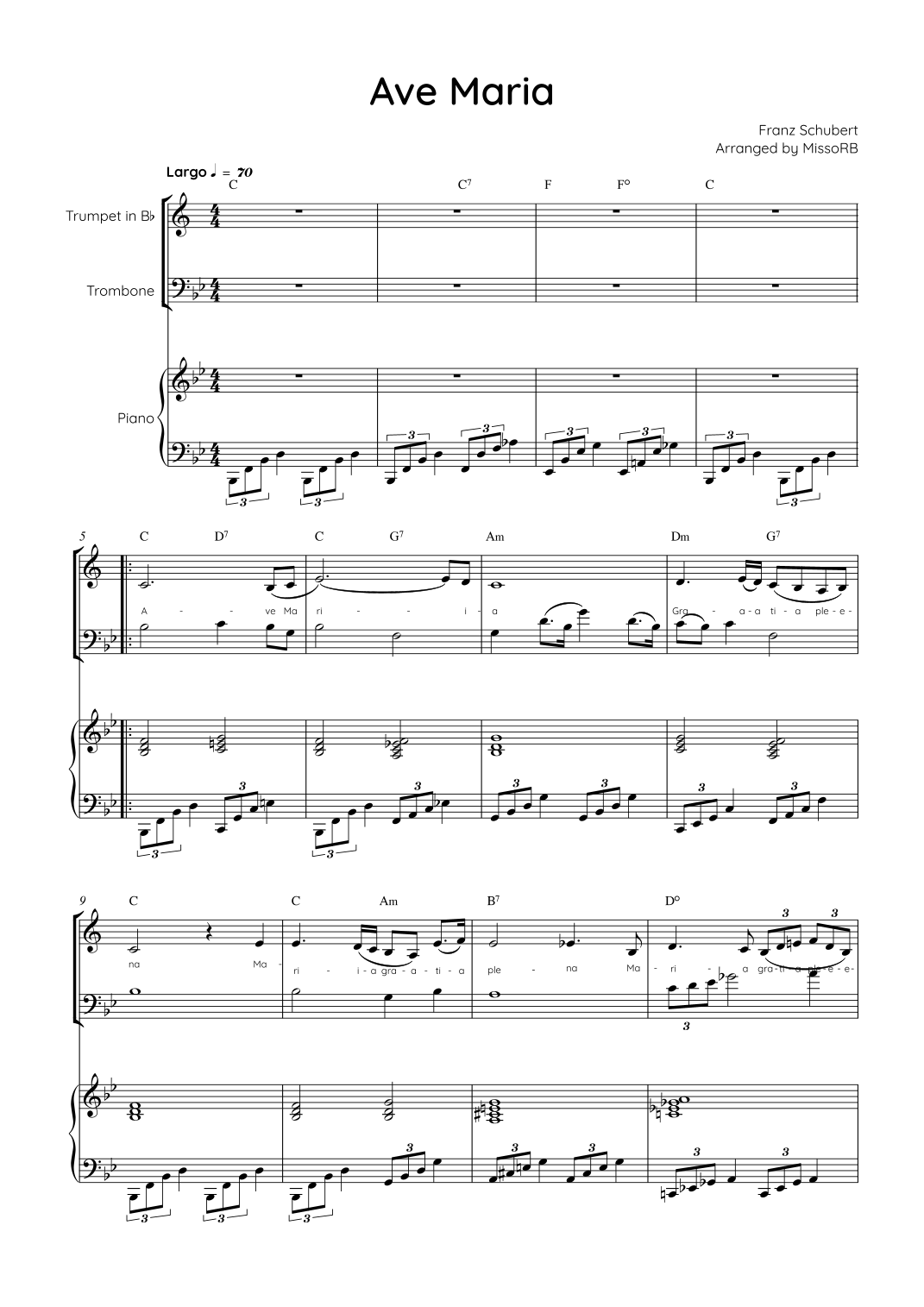 Ave Maria (Schubert) - Trumpet, Trombone & Piano in Bb With Chords ...