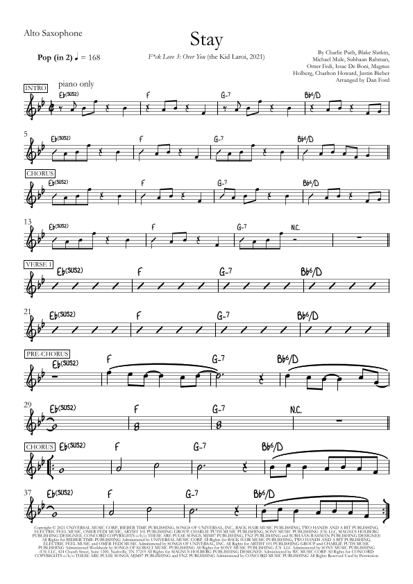 Stay (arr. Dan Ford) Sheet Music Kid Laroi Feat. Justin Bieber Lead