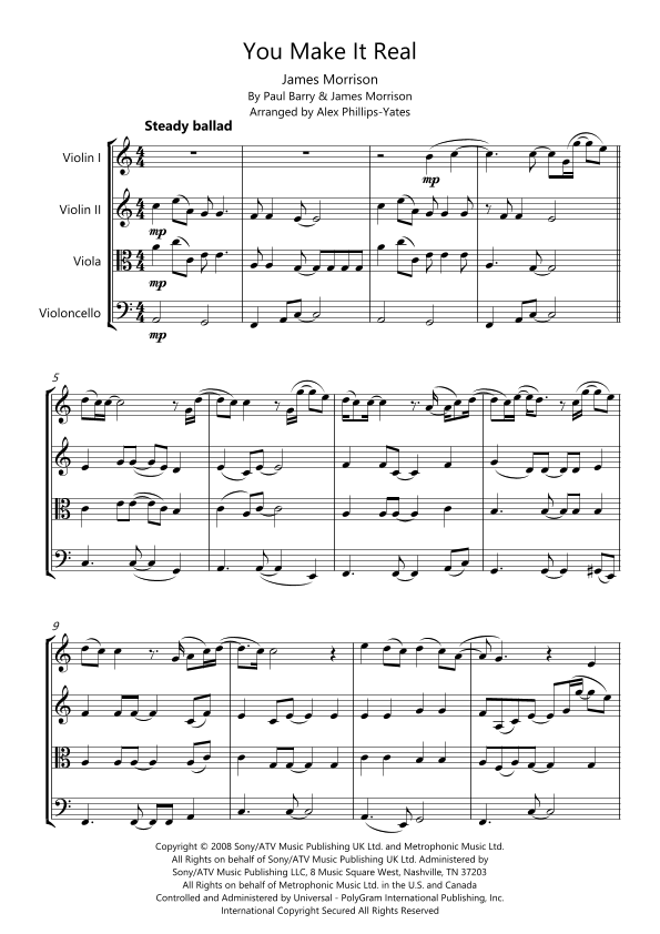 Interactive Digital Sheet Music preview of 'You Make It Real (arr. Alex Phillips-Yates)' by James Morrison, String Quartet page 1