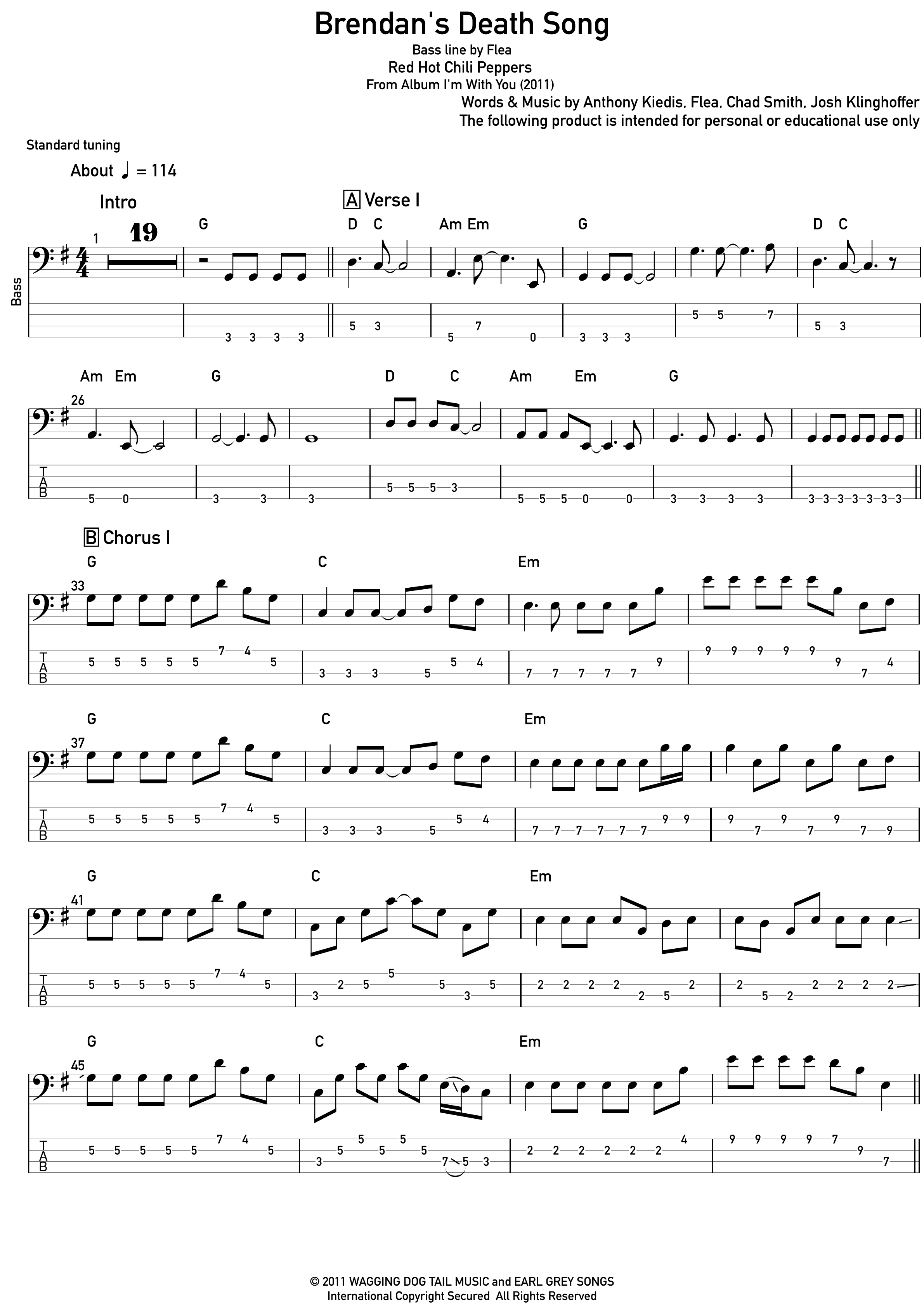 Brendan's Death Song (arr. Igor Sardi Bass) by Red Hot Chili Peppers