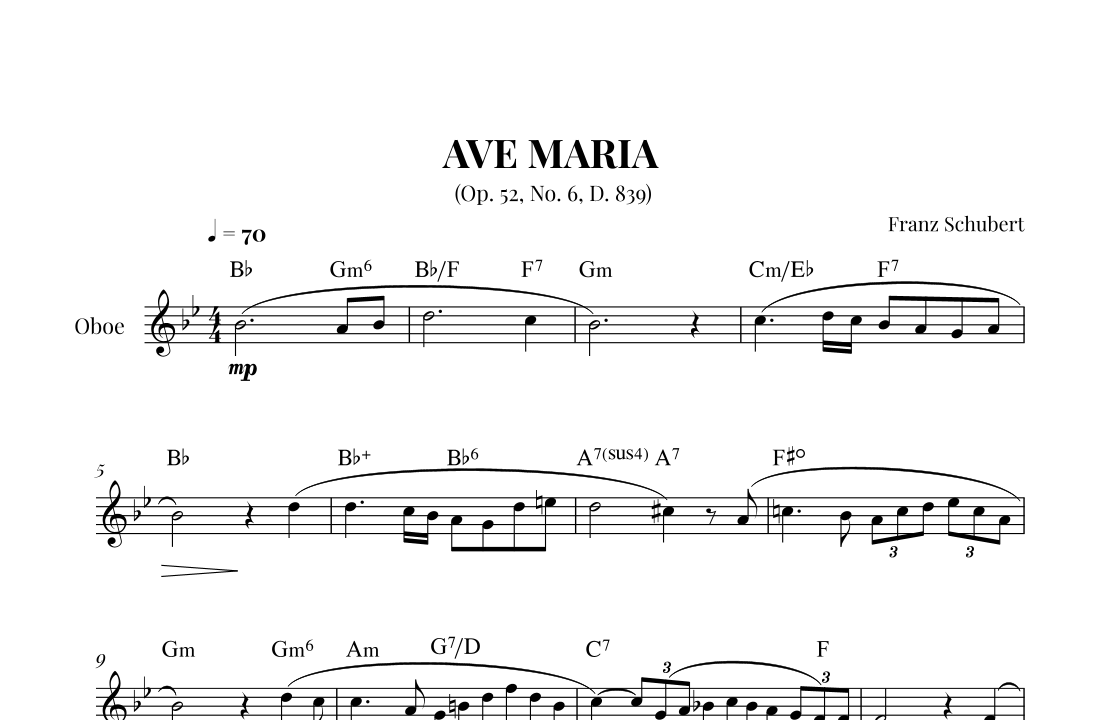 Vista previa interactiva de Partituras Digitales de 'Ave Maria (arr. Leonardo Mioto Rebouças)' por Franz Schubert, Oboe solo page 1