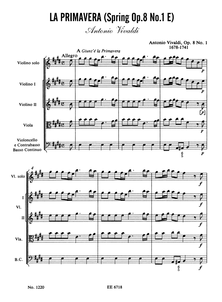 The Spring, Opus 8 No.1, in E Major (La Primavera) (arr. Antonio Vivaldi) by Antonio Vivaldi Full Orchestra(《春》E大调第一协奏曲,作品8,安东尼奥·维瓦尔第 编曲,管弦乐团) - 预览