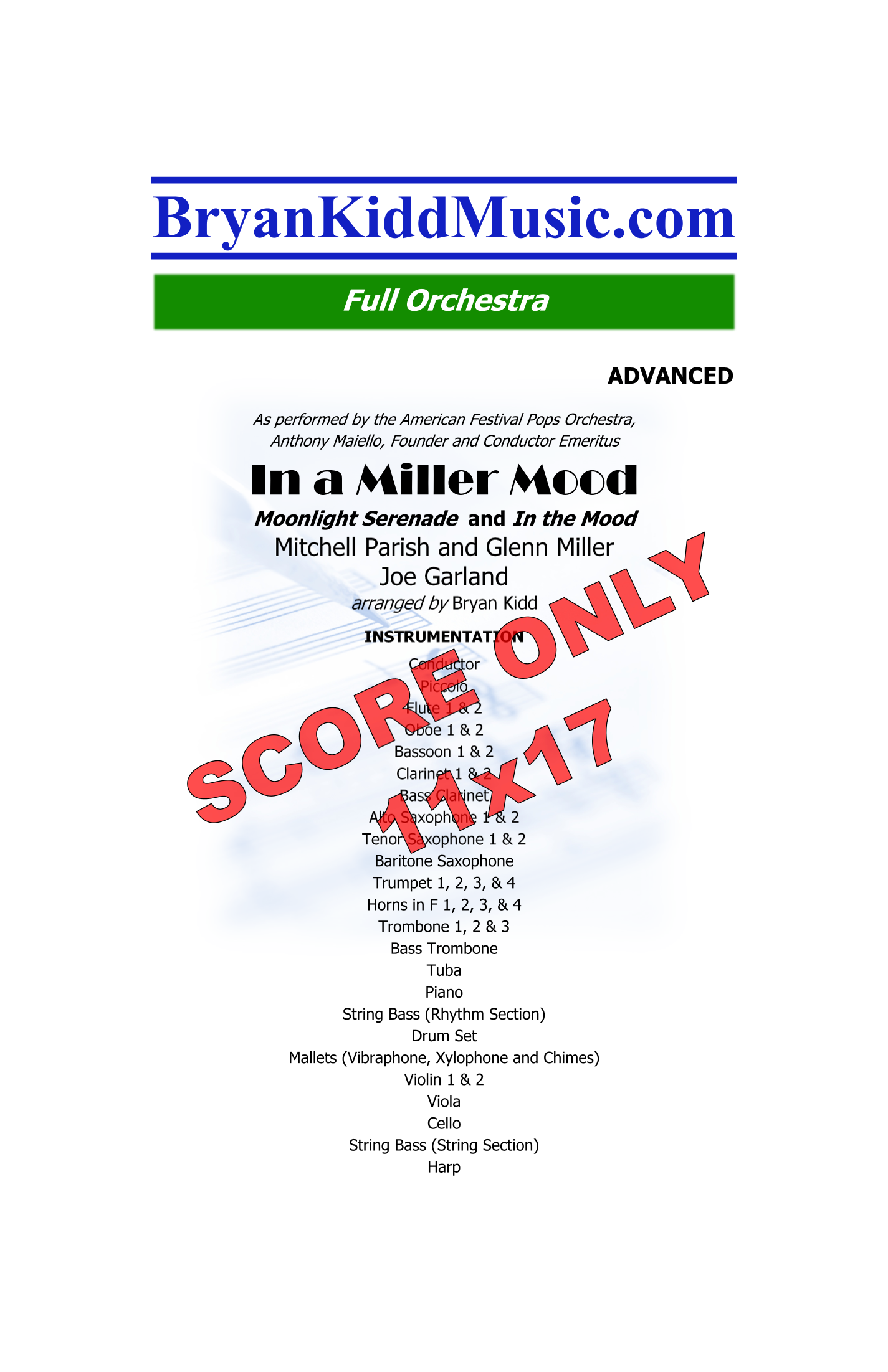 Medley: In The Mood with Moonlight Serenade - Score Only (arr. Bryan Kidd) by Bryan Kidd Full Orchestra