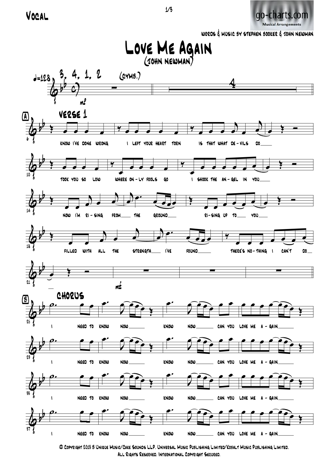 Love Me Again (arr. Andy Davidson go-charts.com) by John Newman 管弦乐团全谱 - 预览