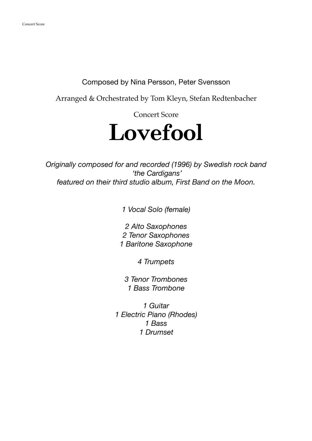 Lovefool (arr. Stefan Redtenbacher) by The Cardigans Sheet Music for ...