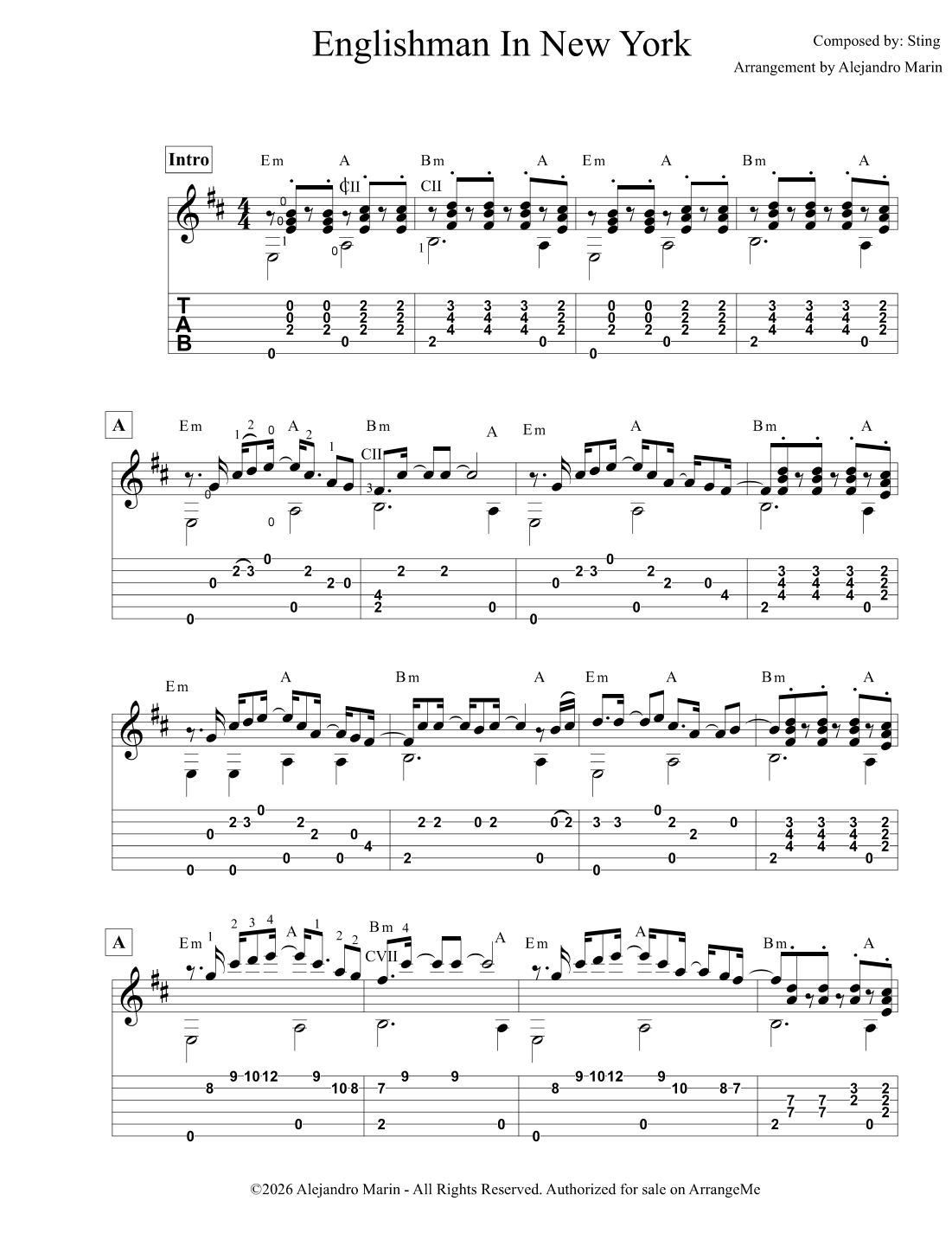 Englishman In New York by Sting Sheet Music for Easy Guitar Tab at