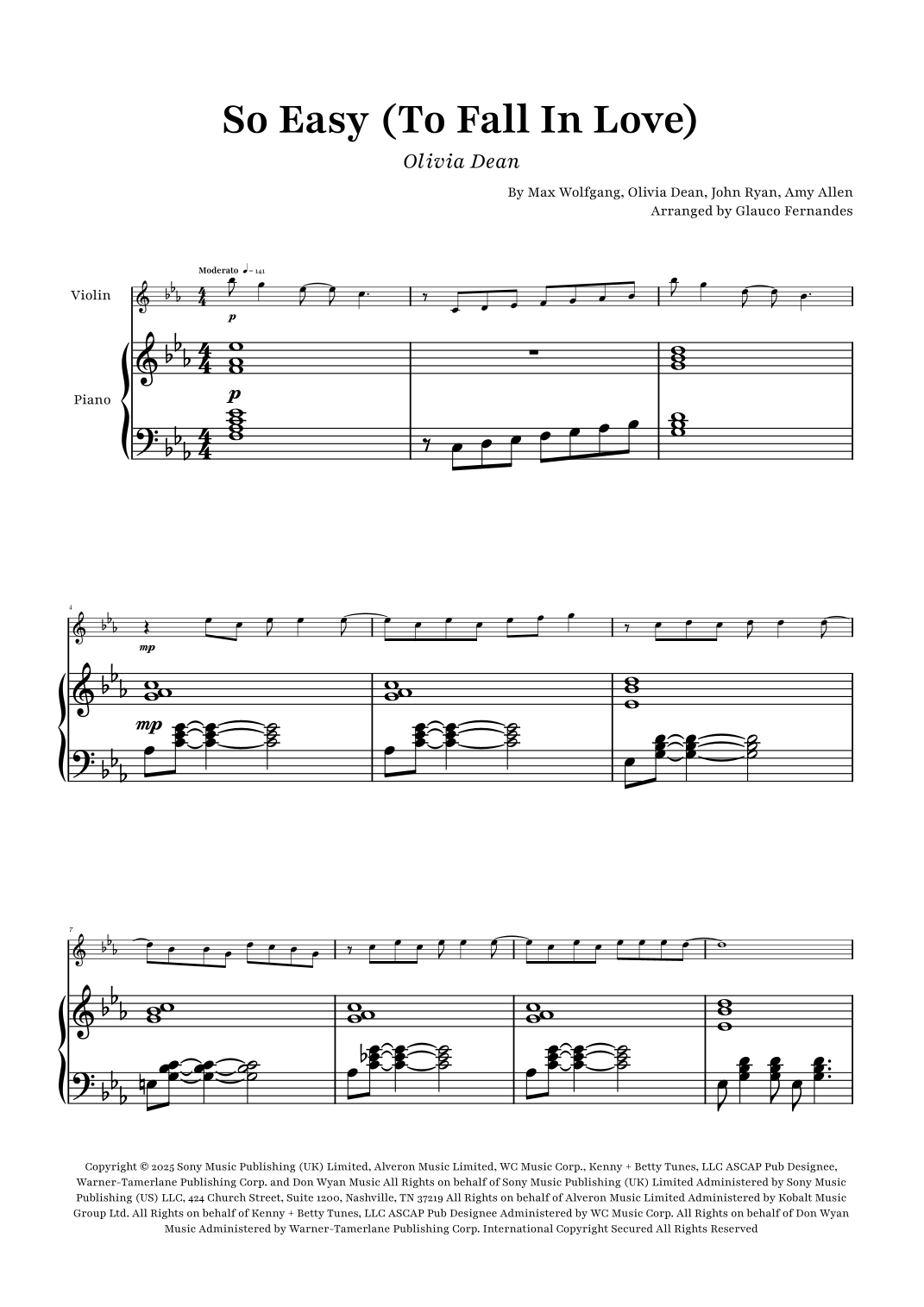 Partition Fall So Easy (To Fall In Love) (arr. Glauco Fernandes par Olivia Dean ...