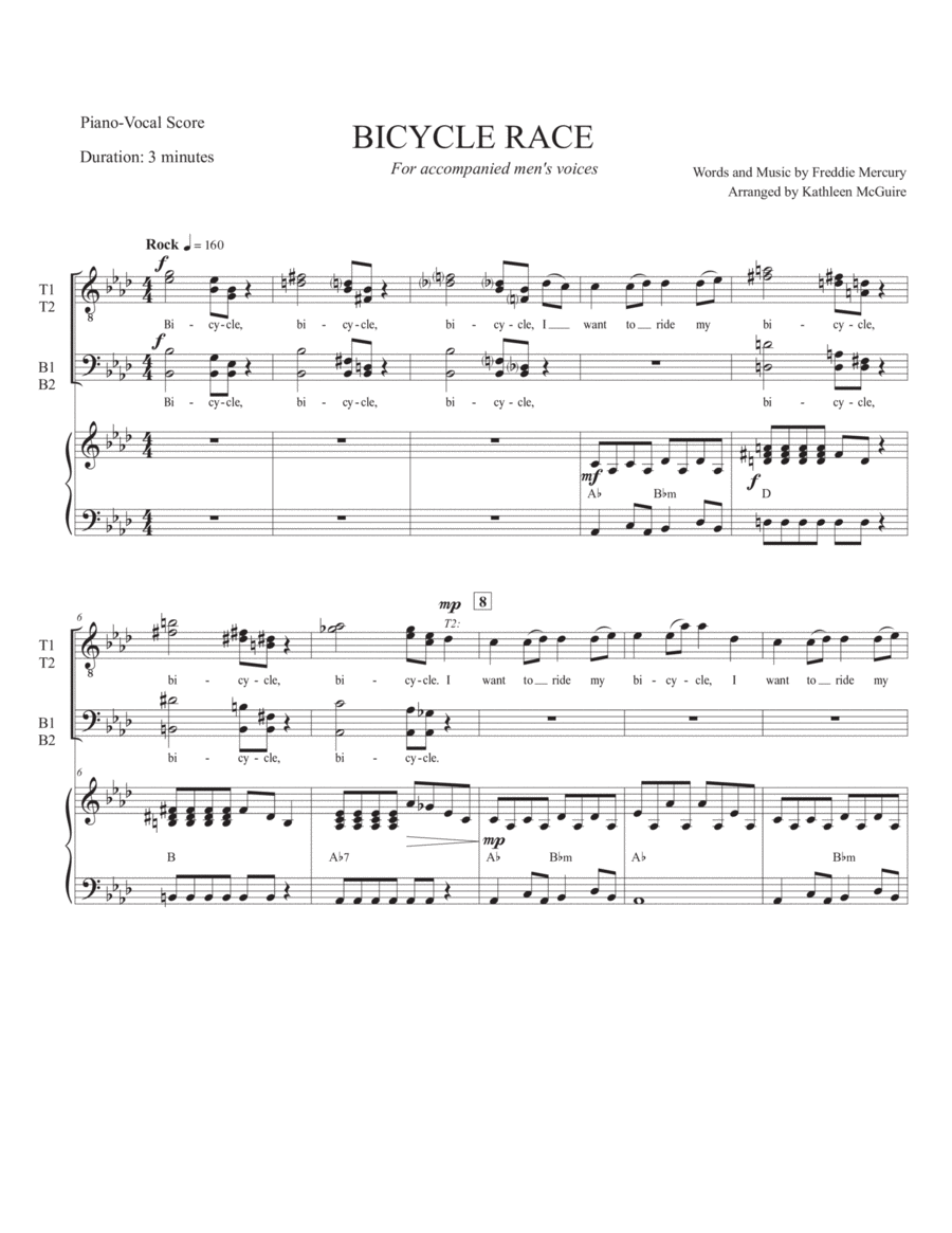 Bicycle Race Kathleen McGuire) by Queen Sheet Music for TTBB