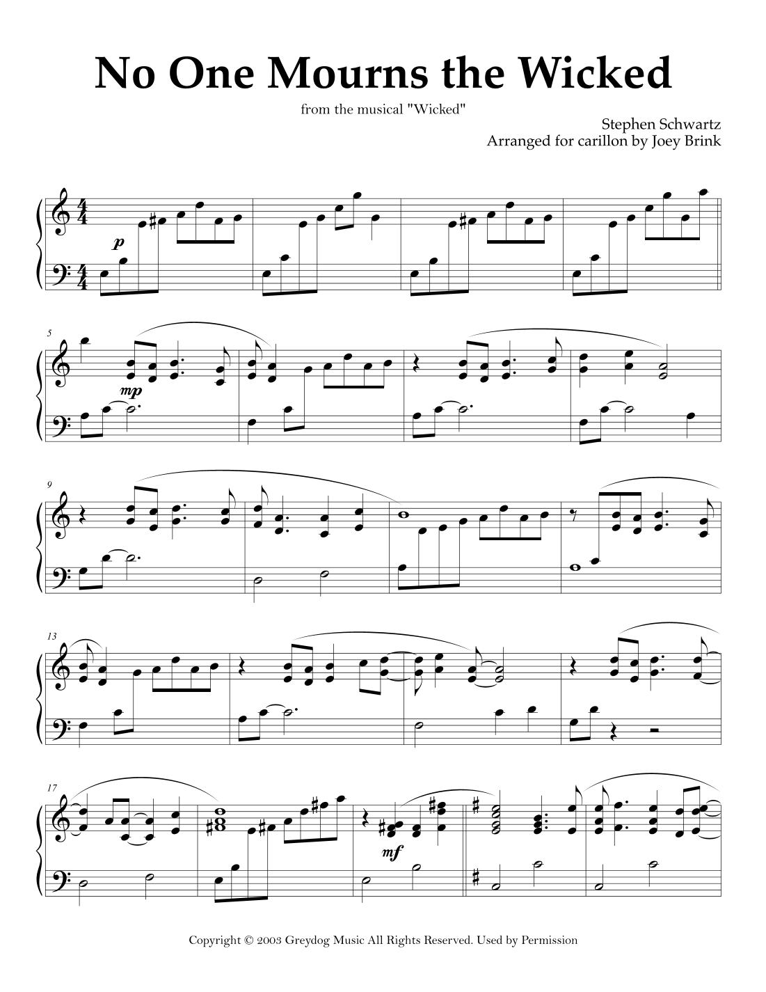 No One Mourns The Wicked arr Joey Brink By Stephen Schwartz Sheet 