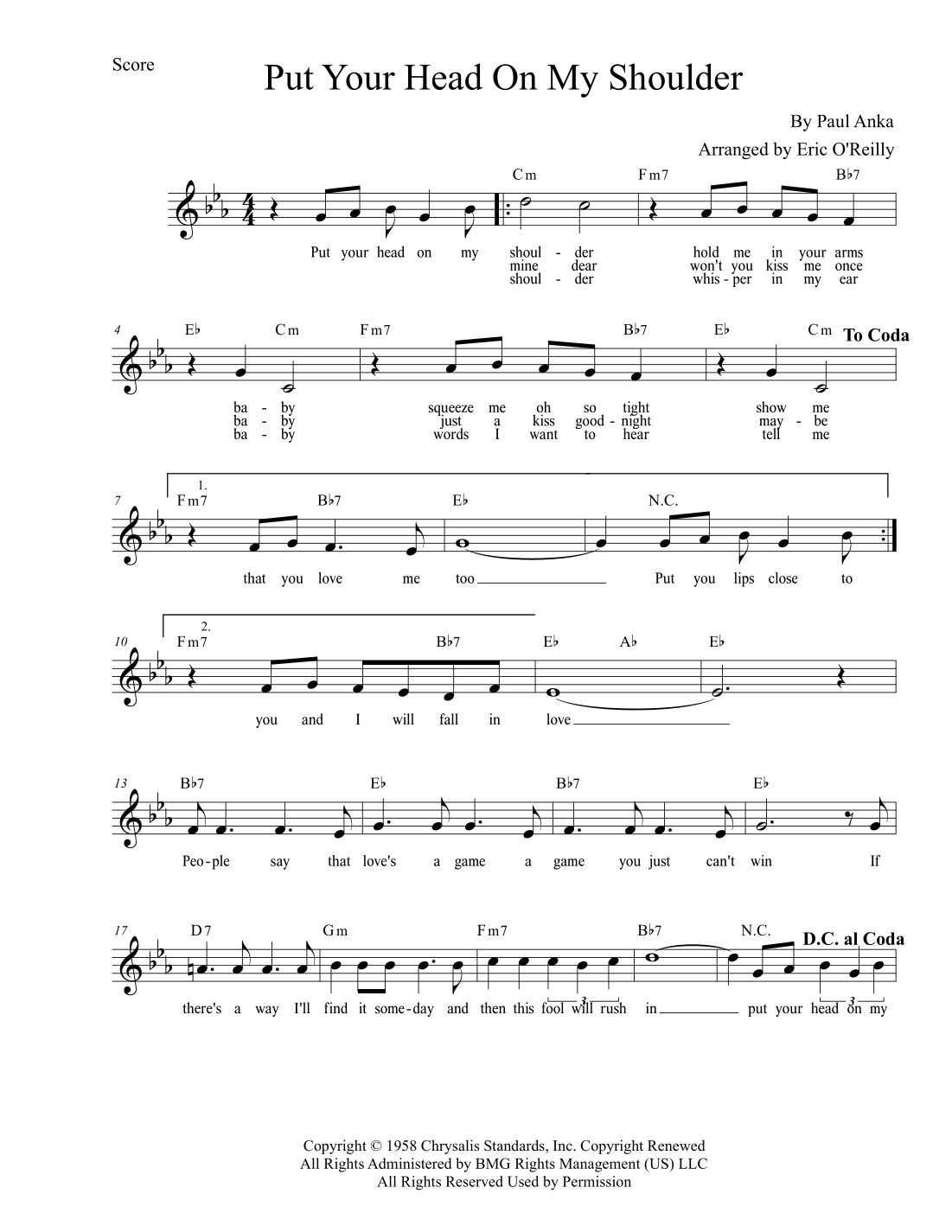 Put Your Head On My Shoulder (arr. Eric O'Reilly) by Paul Anka Sheet ...