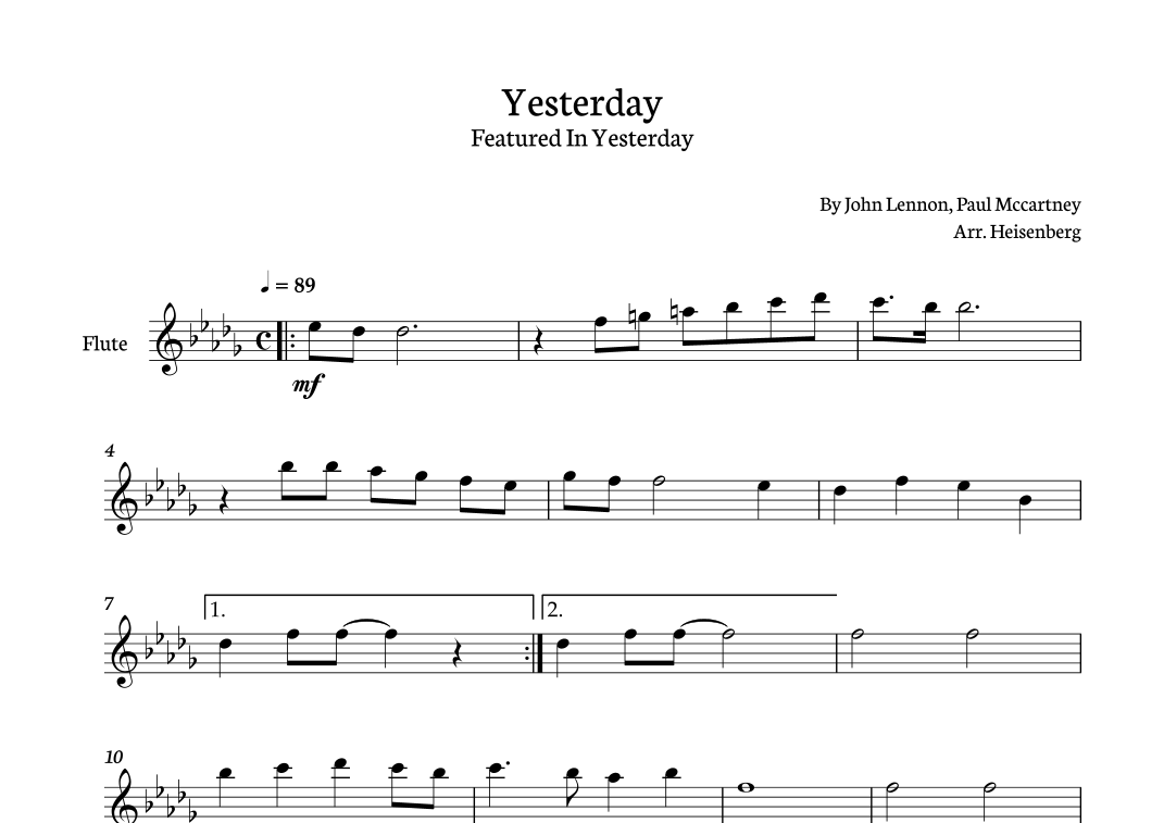 Vista previa interactiva de Partituras Digitales de 'Yesterday (arr. Heisenberg)' por The Beatles, Flauta solo page 1