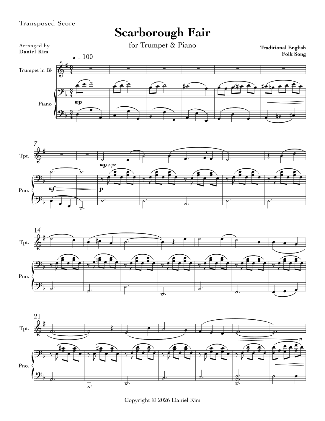 Scarborough Fair (Trumpet & Piano) (arr. Daniel Kim) by Traditional ...
