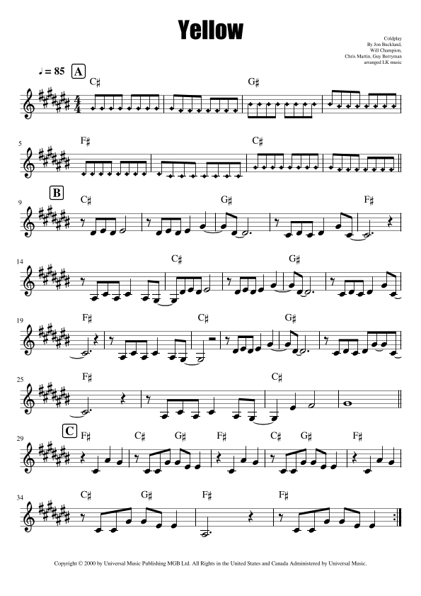 Yellow Sheet Music Coldplay Solo