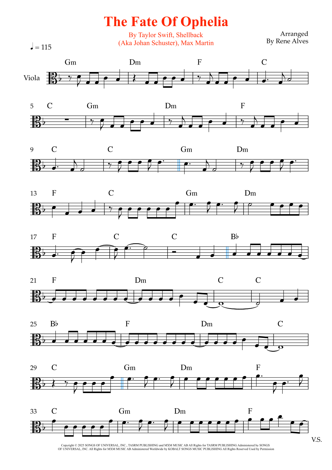 The Fate Of Ophelia (arr. Rene Alves) by Taylor Swift Sheet Music for ...