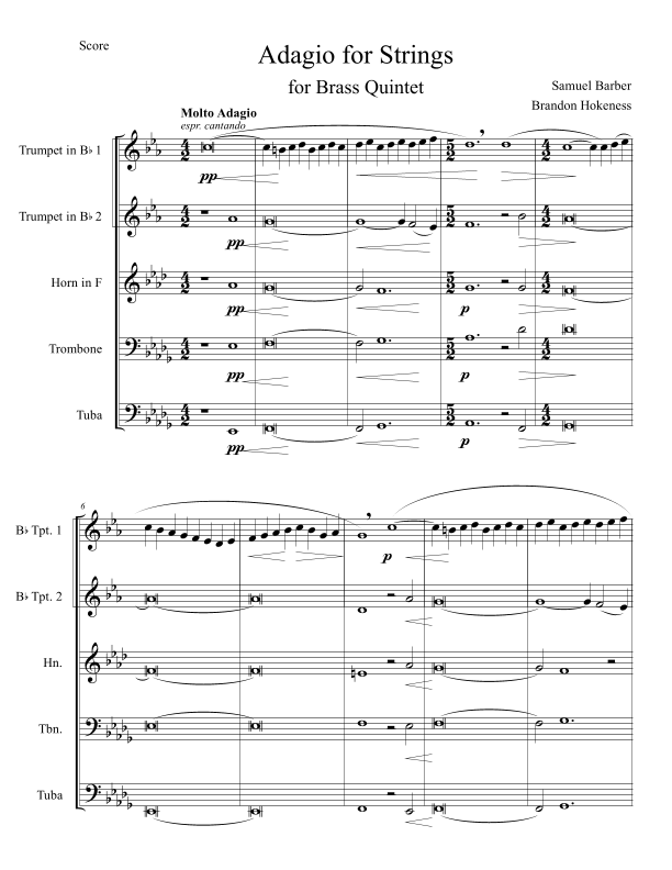 Adagio for Strings Brass Quintet Sheet Music Samuel Barber Brass
