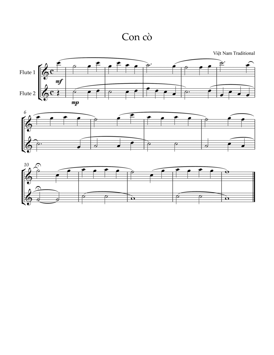 Con cò, Vietnam traditional song for 2 flutes Sheet Music
