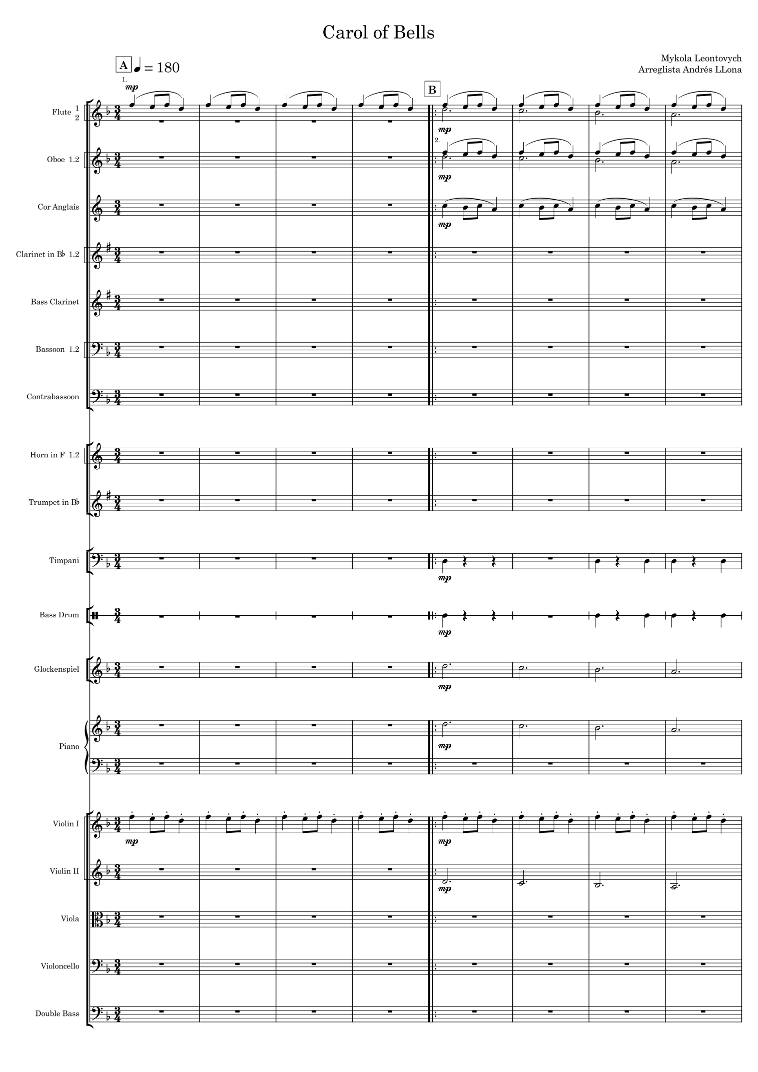Carol of Bells (arr. Andrés LLona) by Mykola Leontovych 管弦乐团全谱 - 预览