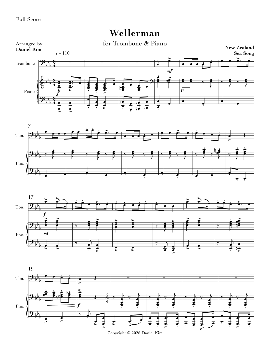 Wellerman (Trombone & Piano) (arr. Daniel Kim) by New Zealand Sea Song ...