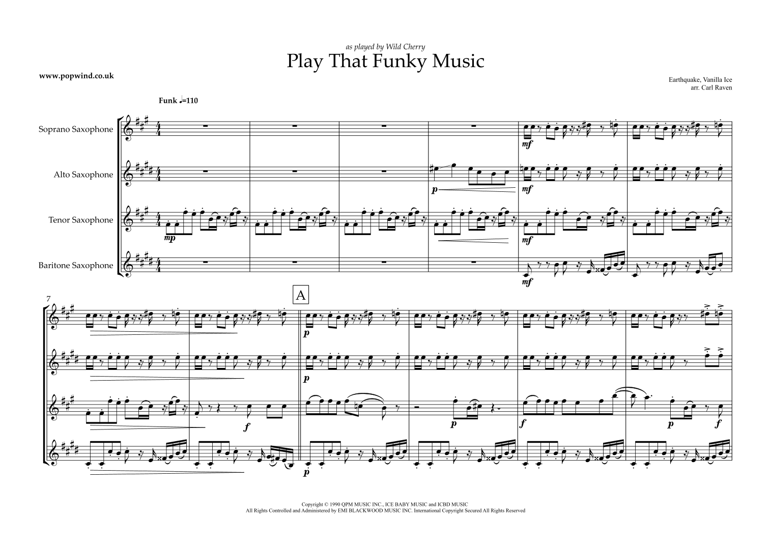 Interactive Digital Sheet Music preview of 'Play That Funky Music (arr. Carl Raven)' by Earthquake, Woodwind Ensemble page 1