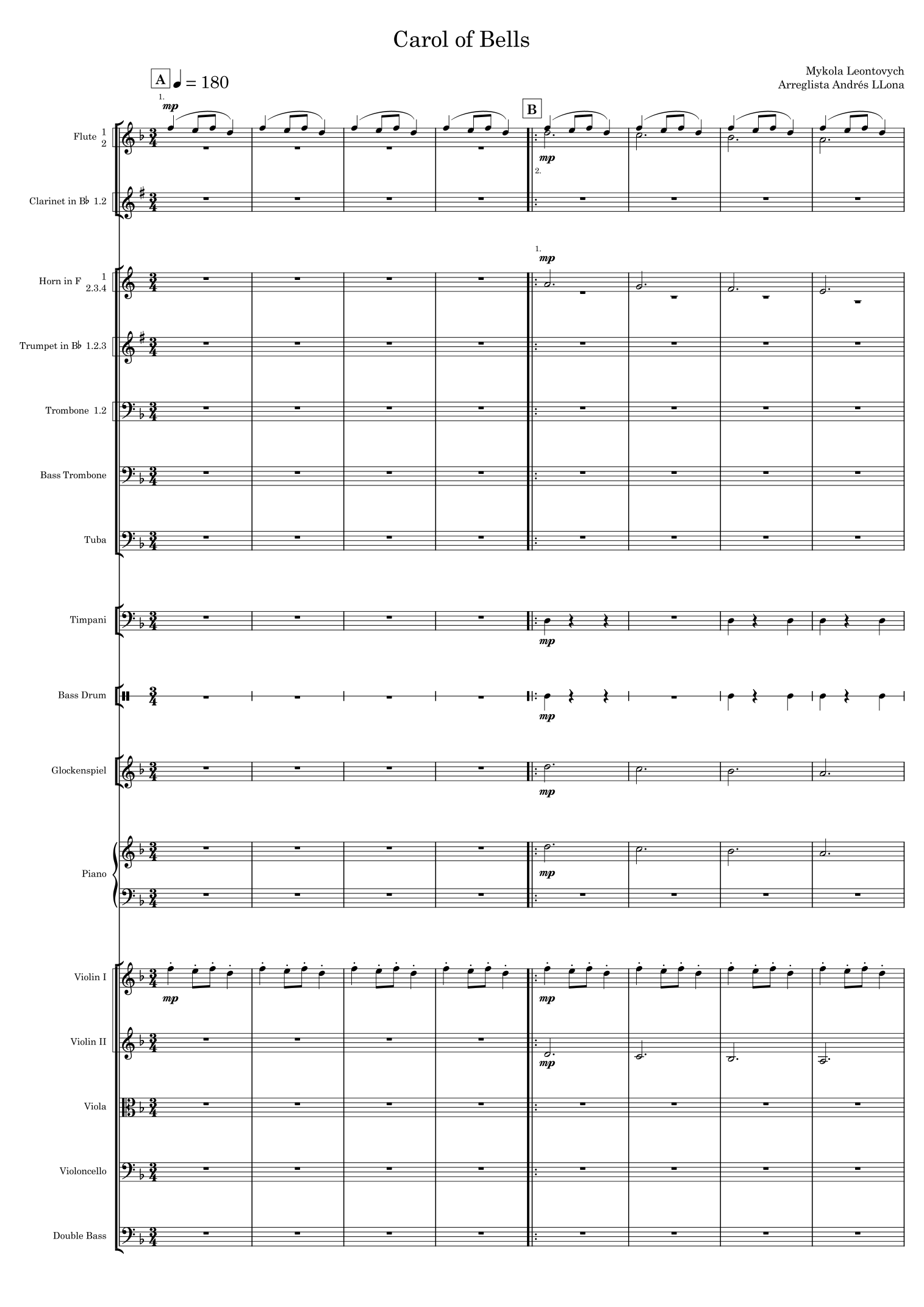 Carol of Bells (arr. Andrés LLona) by Mykola Leontovych 管弦乐团全谱 - 预览