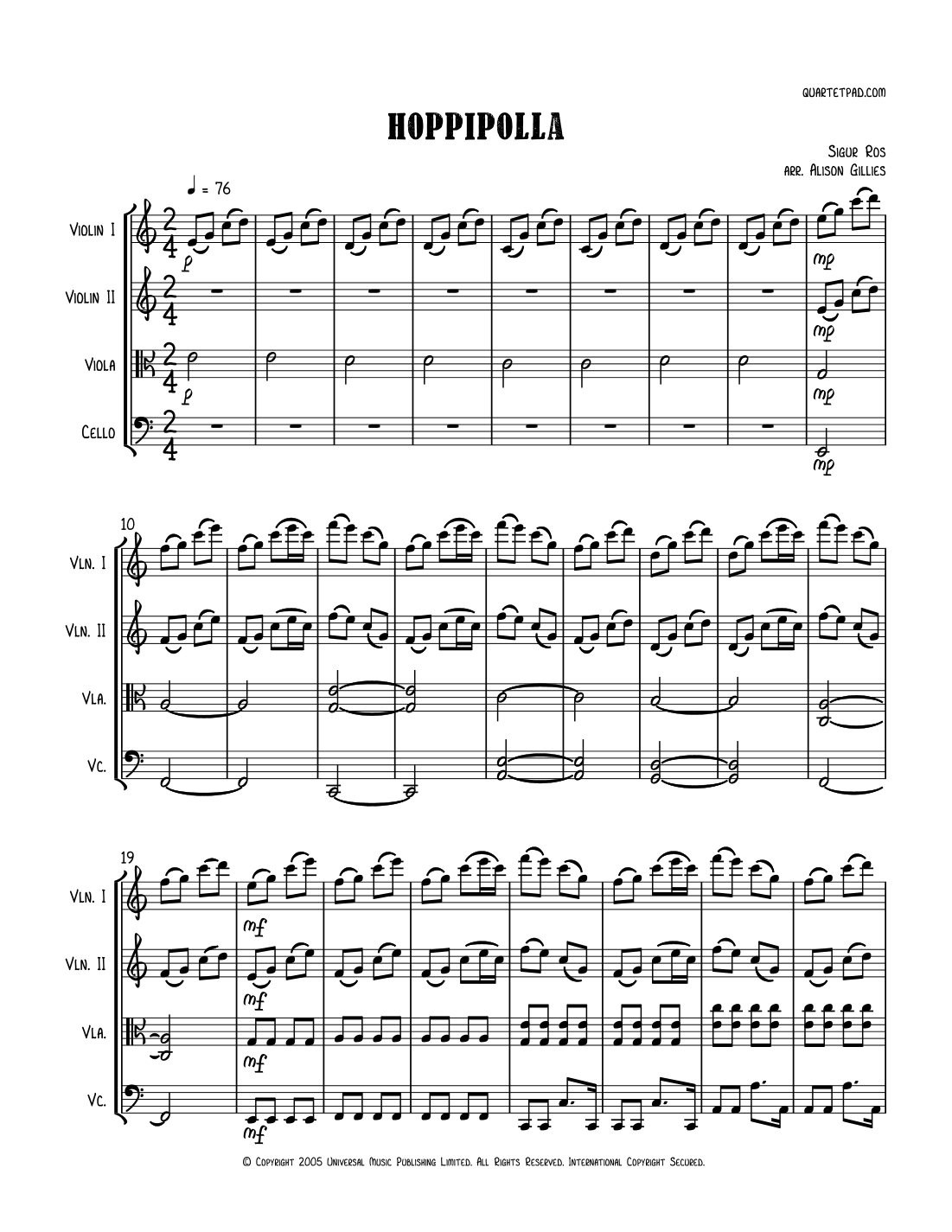 Hoppipolla by Sigur Ros Sheet Music for String Quartet (arr